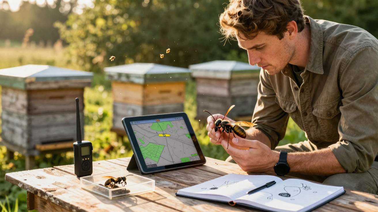 Homem a estudar abelha gigante num campo com colmeias, tablet, rádio e caderno numa mesa de madeira.