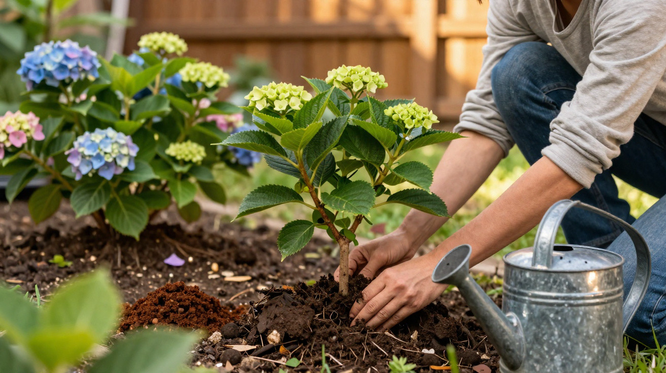 Pessoa a plantar uma planta de hortênsia num jardim com regador metálico ao lado.