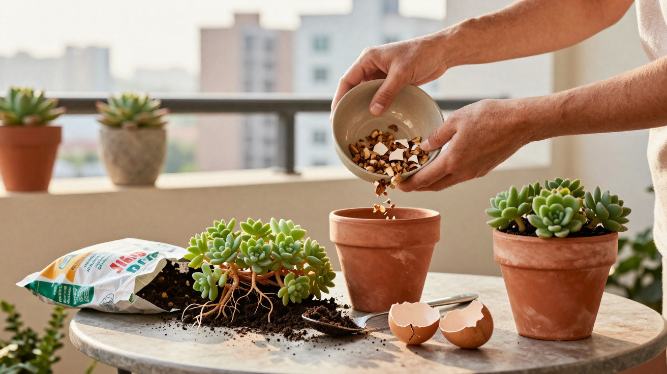 Pessoa a colocar cascas de ovos em vaso para plantar suculentas numa varanda com fundo de edifícios urbanos.