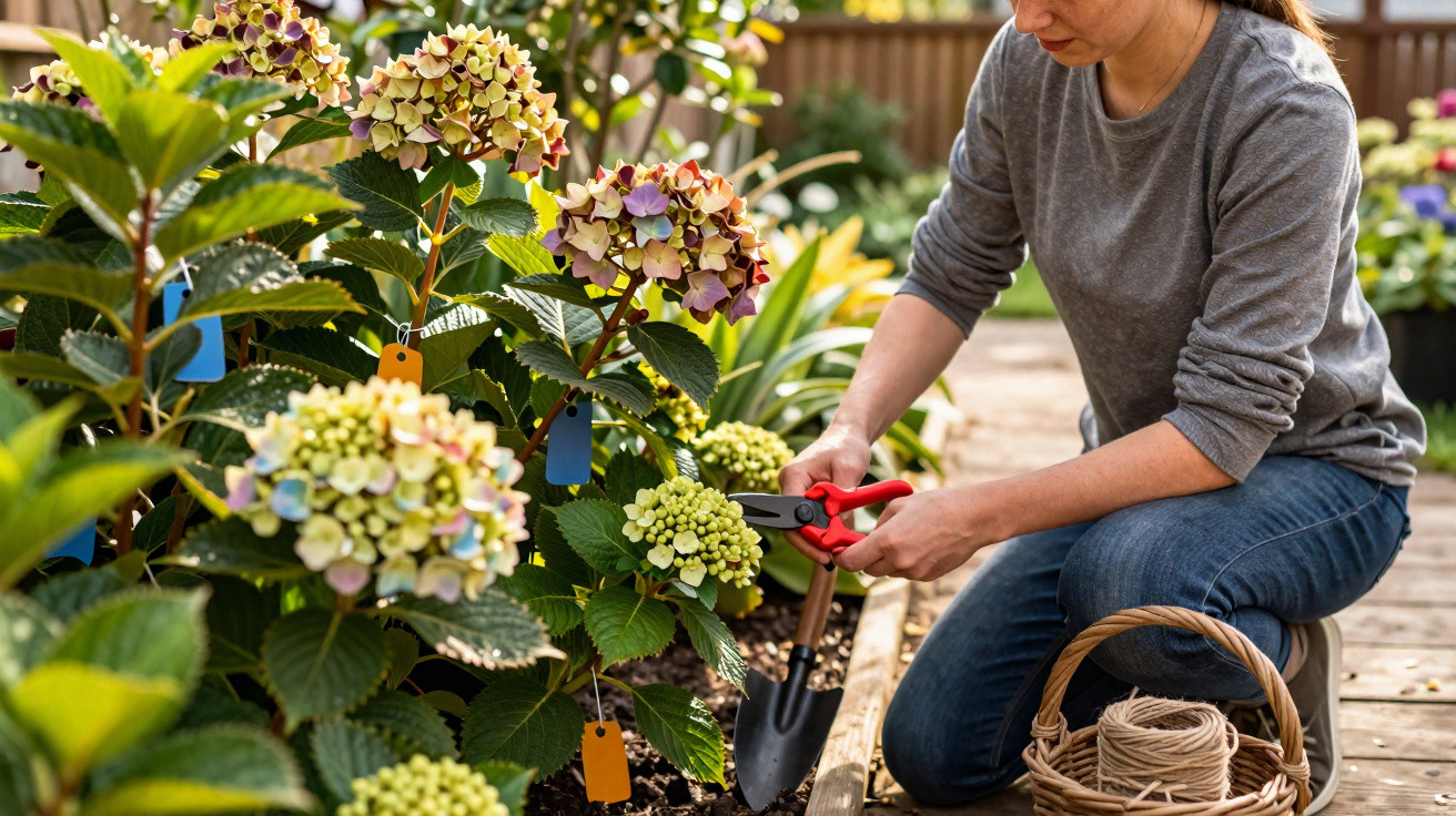 Mulher a aparar flores num jardim com tesoura de poda, rodeada de plantas floridas e ferramentas de jardinagem.
