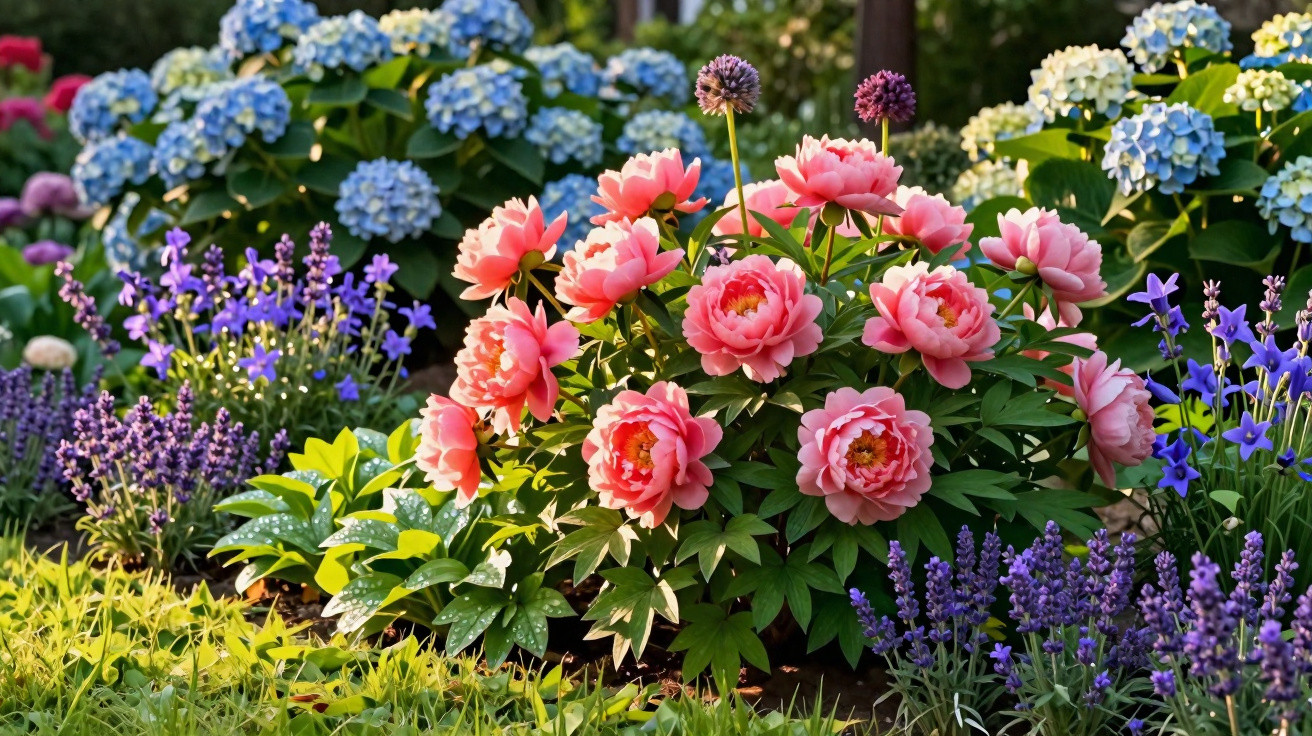 Jardim colorido com peónias cor-de-rosa, hortênsias azuis, flores lilases e folhagem verde ao sol.