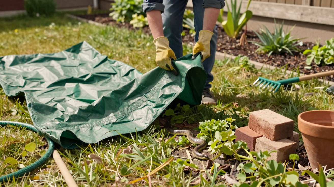 Pessoa com luvas a usar lona verde para capturar uma cobra num jardim com plantas e ferramentas.