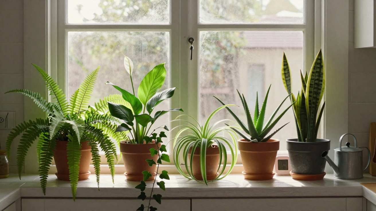 Plantas variadas em vasos colocadas sobre o parapeito de uma janela iluminada por luz natural.