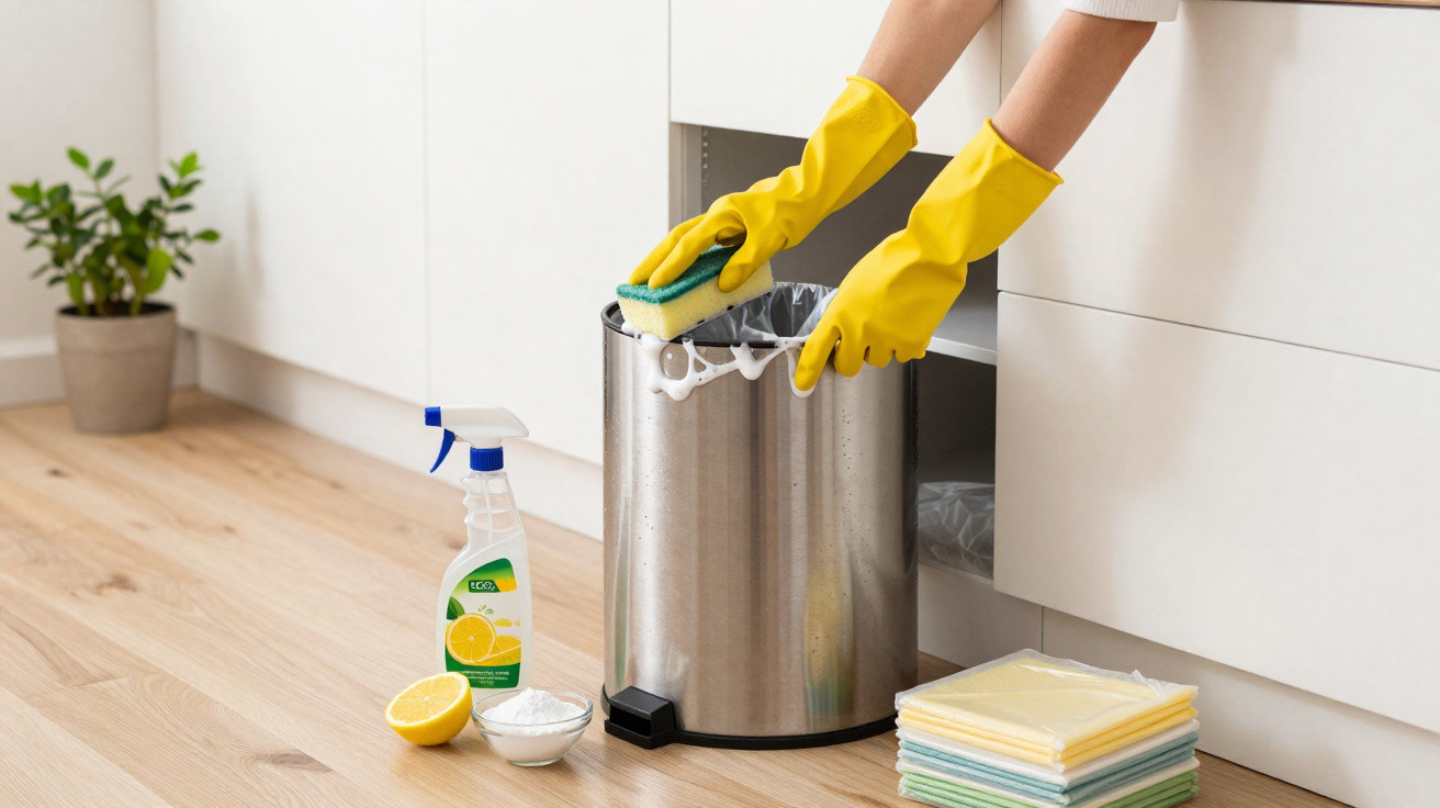 Pessoa com luvas amarelas a limpar lata de lixo prateada numa cozinha com esfregona e produtos de limpeza.