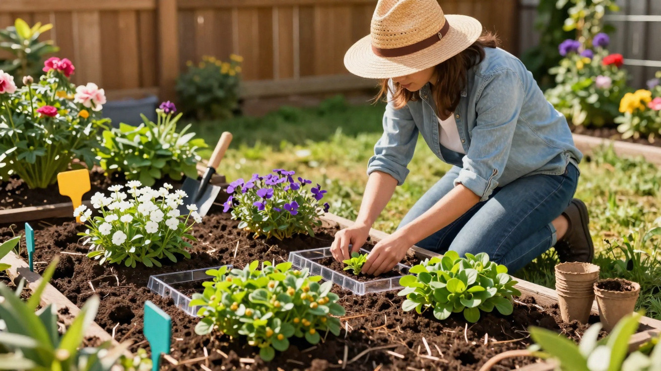 Mulher com chapéu a cuidar de plantas e flores num jardim bem cuidado ao ar livre.