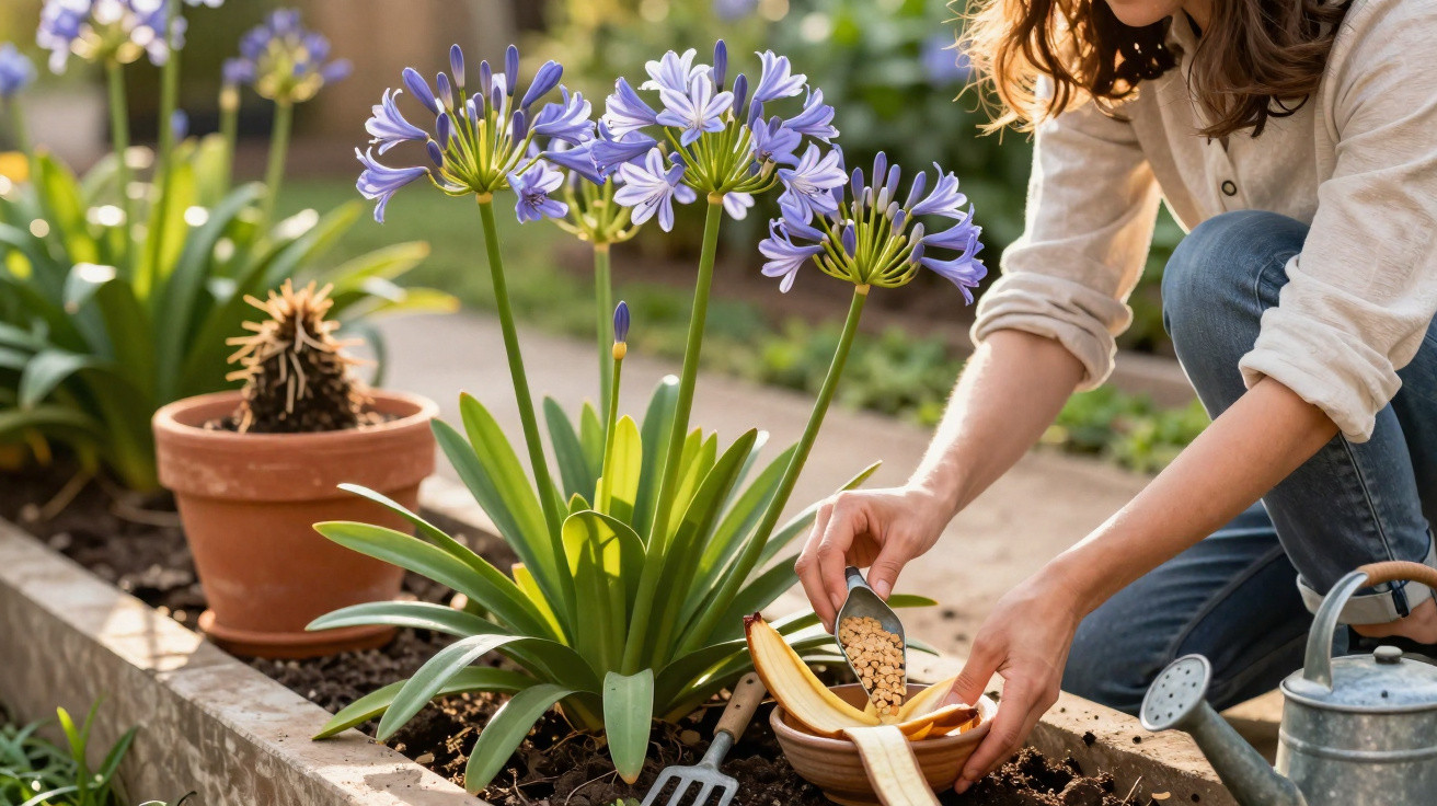 Mulher a adubar planta com palha de arroz num jardim com flores lilases em vaso e regador ao lado.