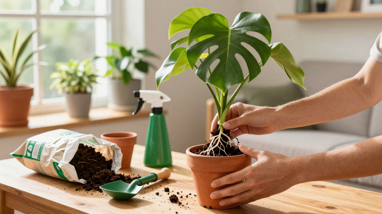 Pessoa transplantando planta Monstera num vaso de barro com terra, pá e pulverizador numa mesa de madeira.