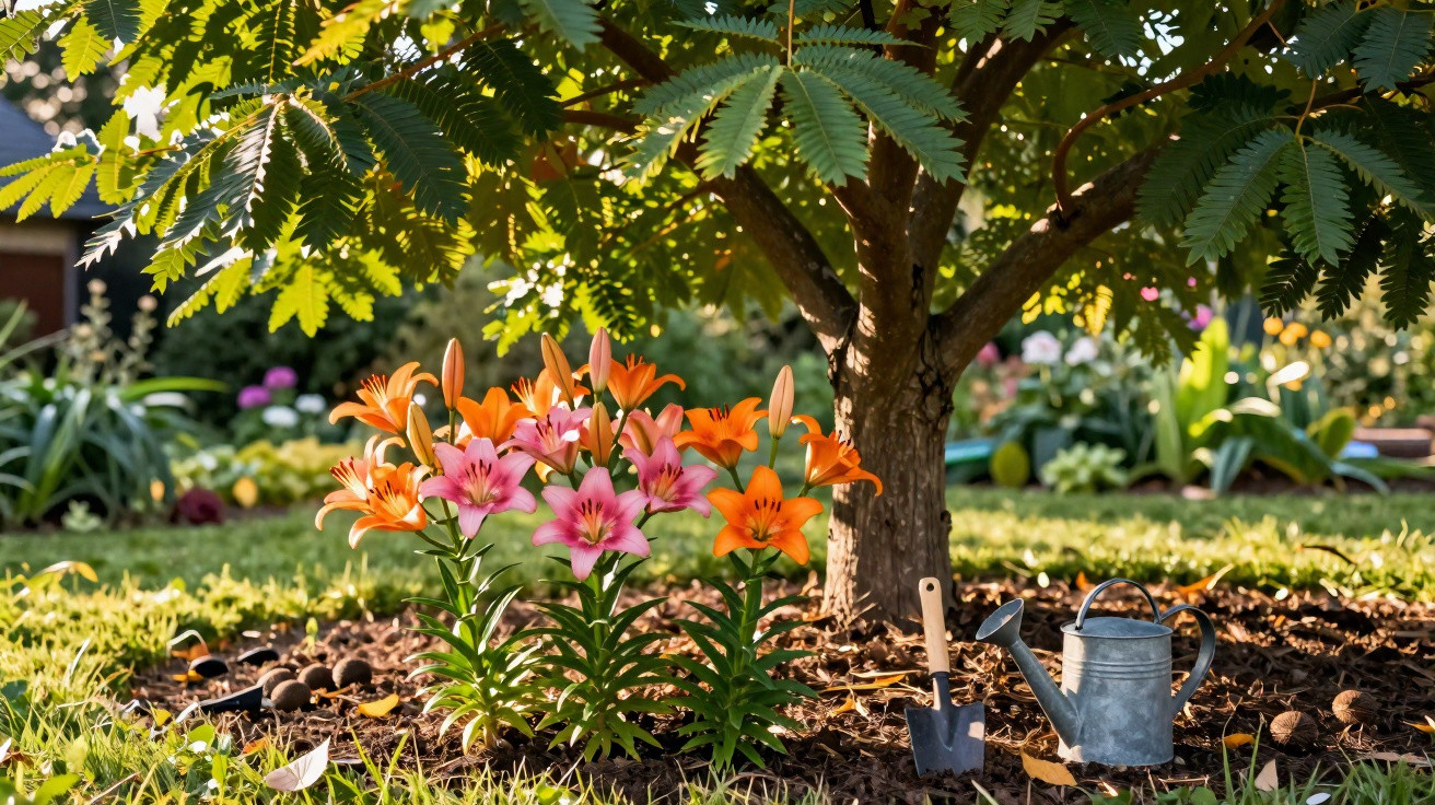 Flores laranja e rosa junto a árvore com regador e pá no solo em jardim ensolarado.