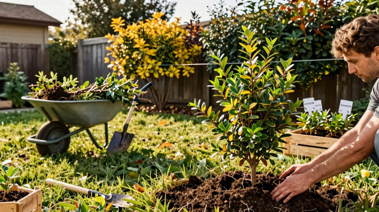 Homem a plantar uma muda em jardim com carrinho de mão e ferramentas sobre relvado verde.