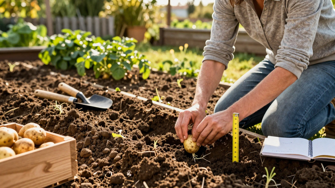Pessoa a plantar batata na terra num jardim com caixa de batatas e ferramentas ao lado.