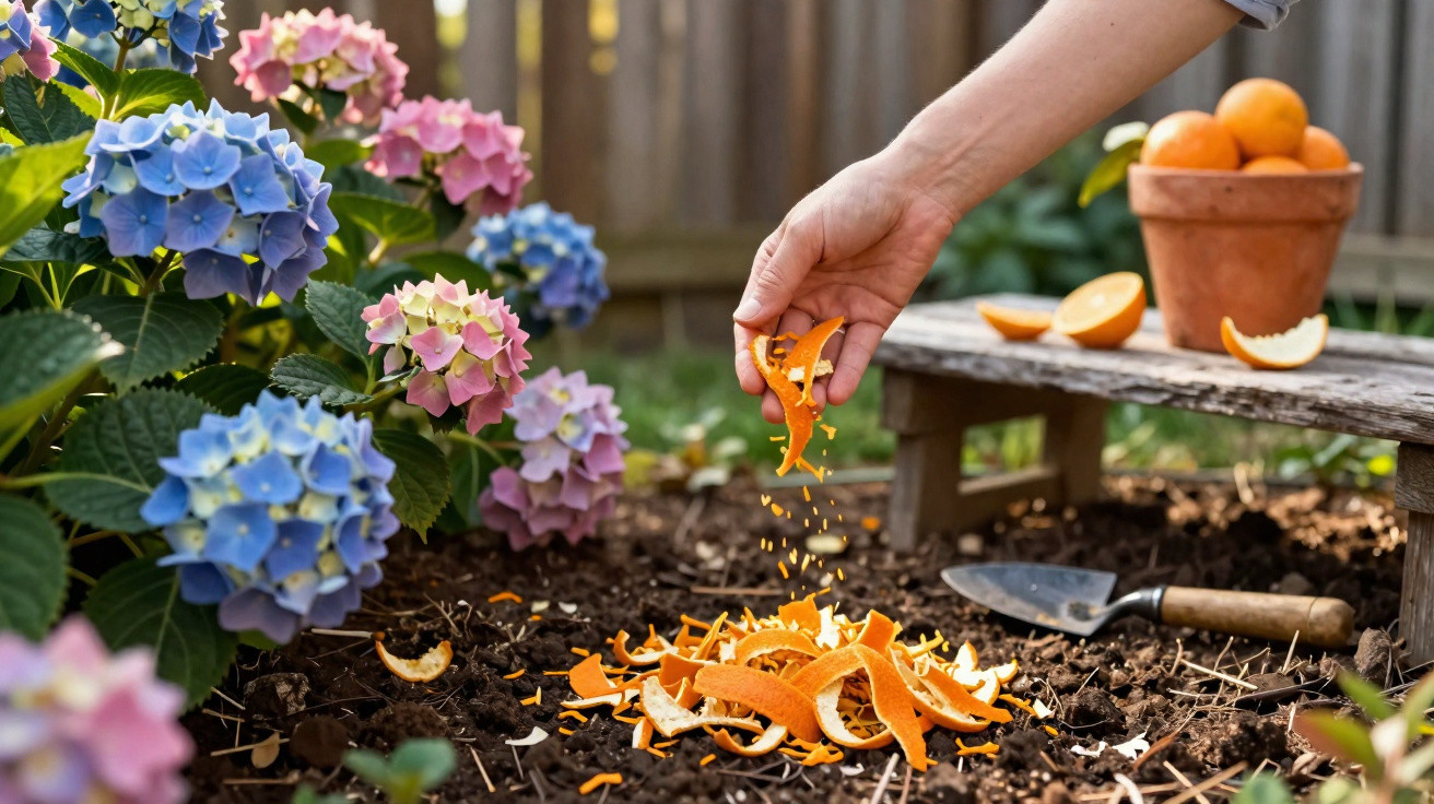 Pessoa a deitar cascas de laranja numa horta ao lado de flores hortênsias azuis e cor-de-rosa.