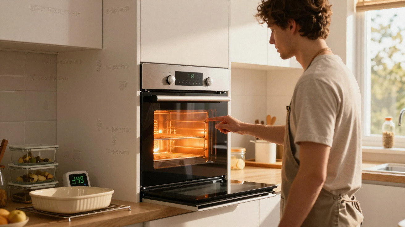 Homem a abrir forno embutido na cozinha luminosa com detalhes em madeira e loiça na bancada.