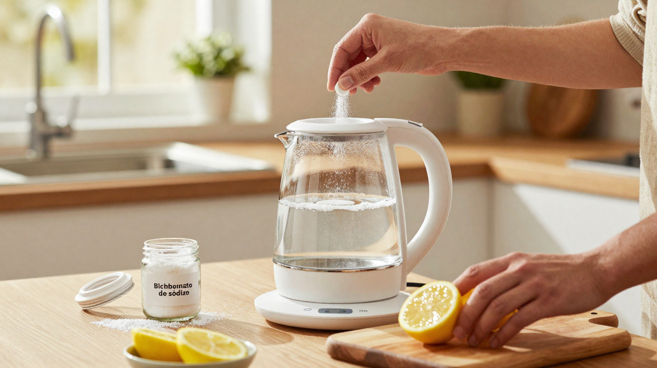 Pessoa a adicionar bicarbonato de sódio numa jarra elétrica com água, próximo de limões cortados numa tábua de cozinha.
