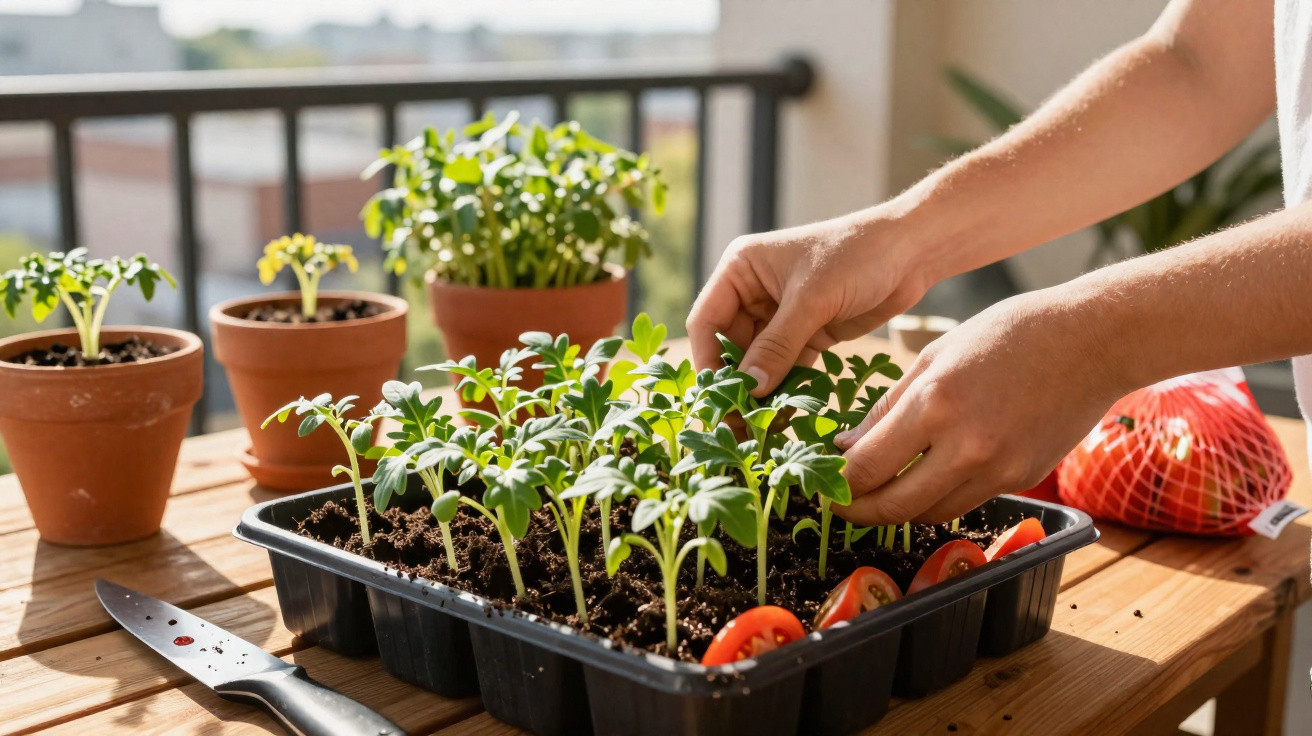 Mãos a cuidar de plantas jovens em tabuleiro de cultivo com vasos de plantas ao fundo, sobre mesa de madeira.
