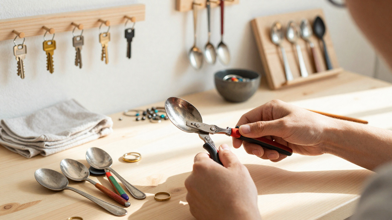 Mãos a usar alicate num colherão de metal numa mesa com várias colheres e utensílios pendurados e à espera.