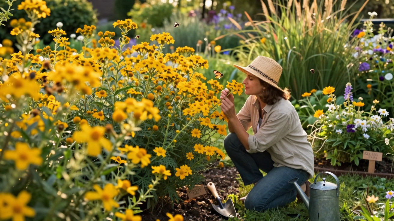 Mulher a jardinar entre flores amarelas, rodeada de abelhas e com regador ao lado.