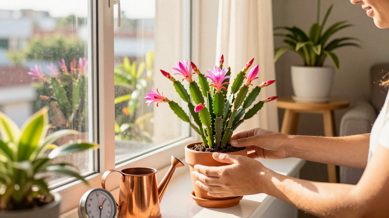 Pessoa a cuidar de planta com flores cor-de-rosa num vaso junto a uma janela com luz natural.
