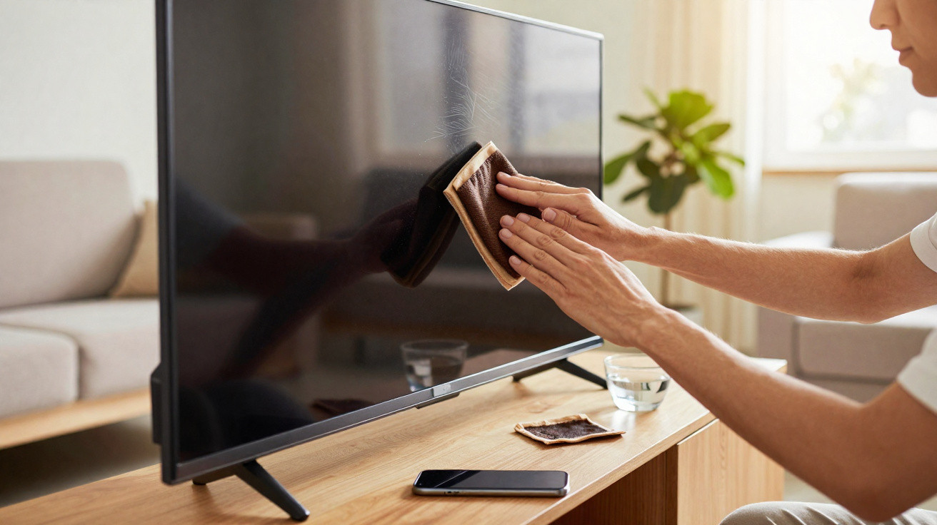 Pessoa a limpar ecrã de televisão com pano castanho, junto a mesa de madeira com telemóvel e copo de água.