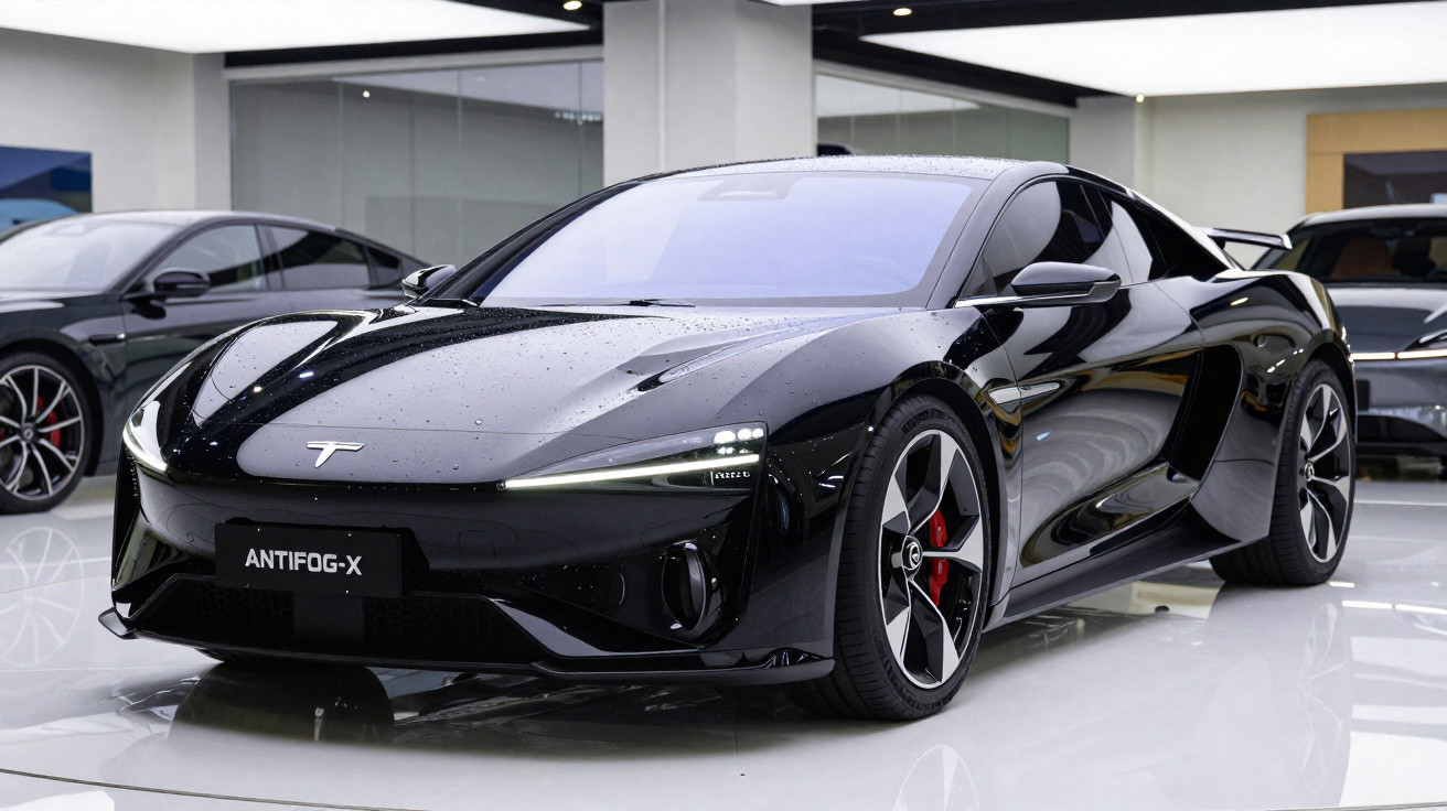 Carro desportivo elétrico preto estacionado em showroom moderno com piso branco e luzes refletidas na carroçaria.