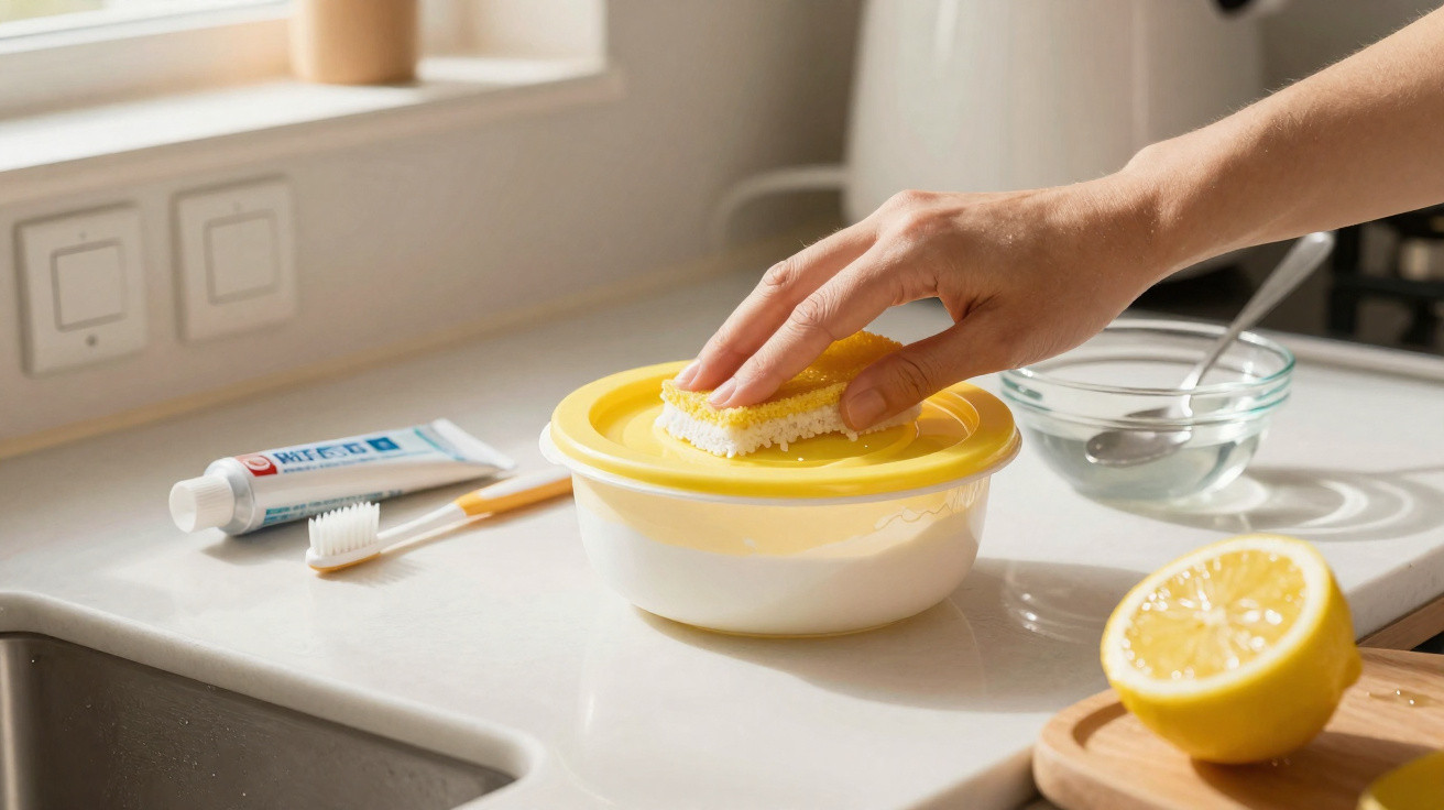 Mão a limpar tampa amarela de recipiente com esponja numa bancada, perto de limão, escova e pasta dentífrica.