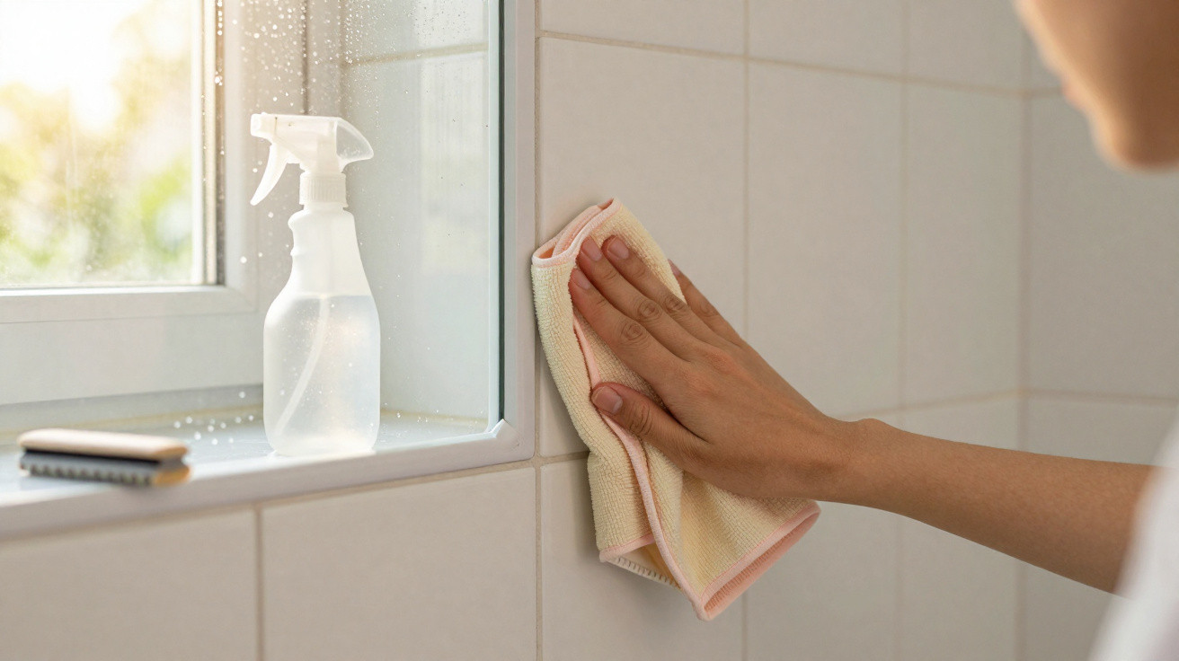 Pessoa a limpar azulejos brancos numa casa de banho com pano amarelo e spray de limpeza transparente junto à janela.