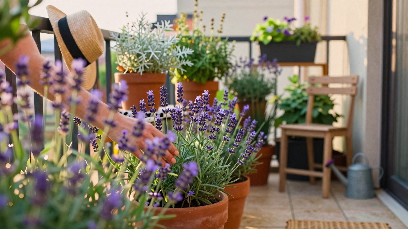 Mãos a cuidar de vasos com lavanda e plantas variadas numa varanda ensolarada com cadeiras e regador.