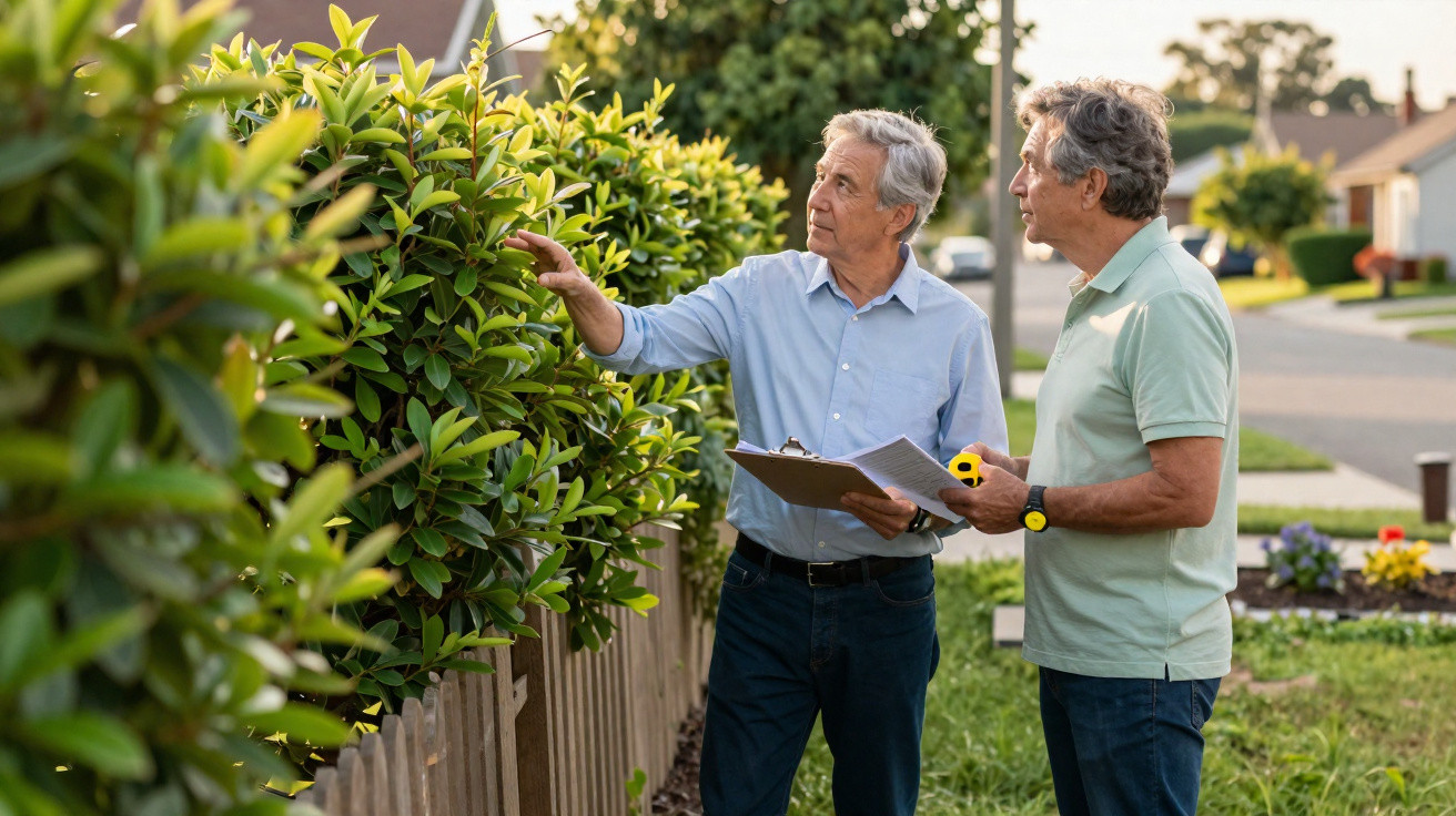 Dois homens idosos a inspecionar plantas junto a uma cerca residencial numa rua calma.
