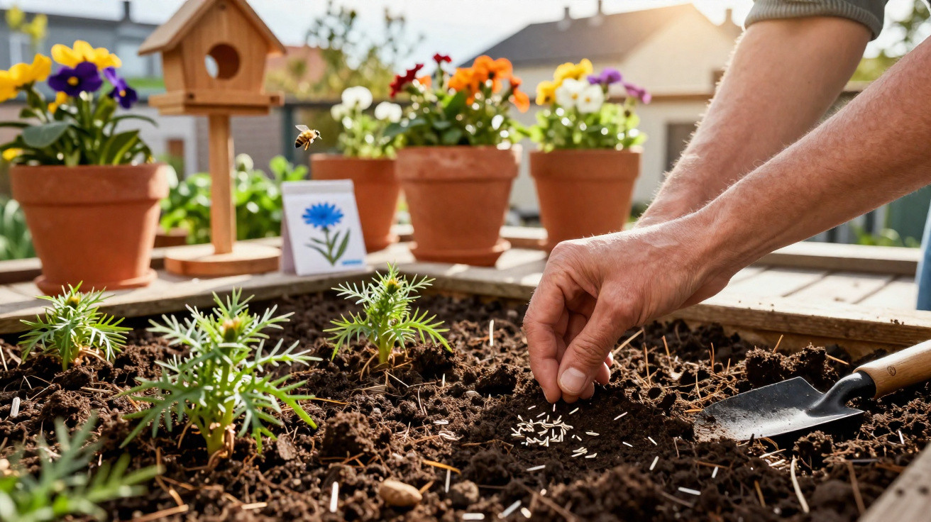 Pessoa a semear pequenas sementes em canteiro de terra com plantas novas e flores em vasos ao fundo.
