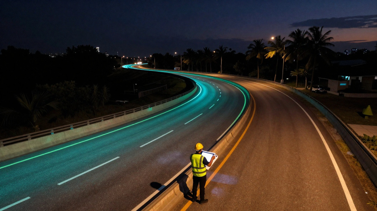 Estrada curva iluminada à noite com um trabalhador de capacete e colete refletor a observar.