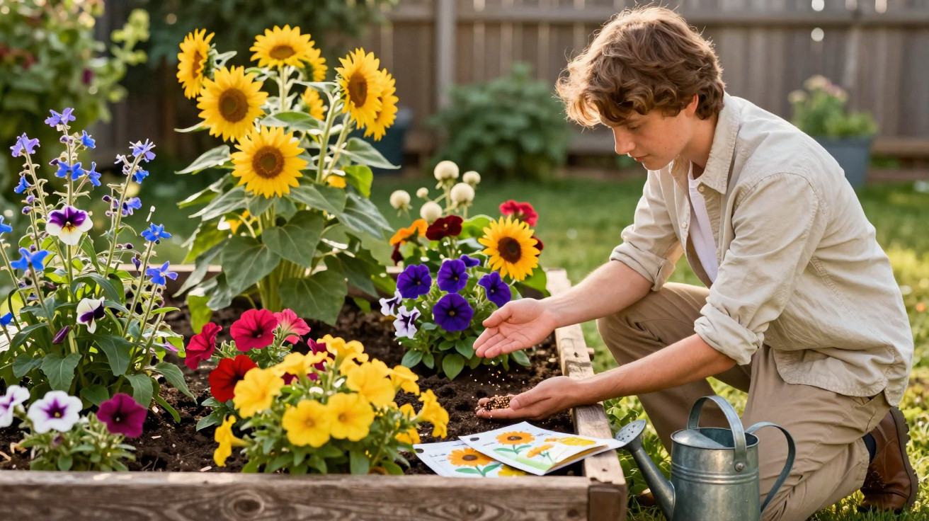 Jovem a semear flores coloridas num jardim com girassóis e regador junto.