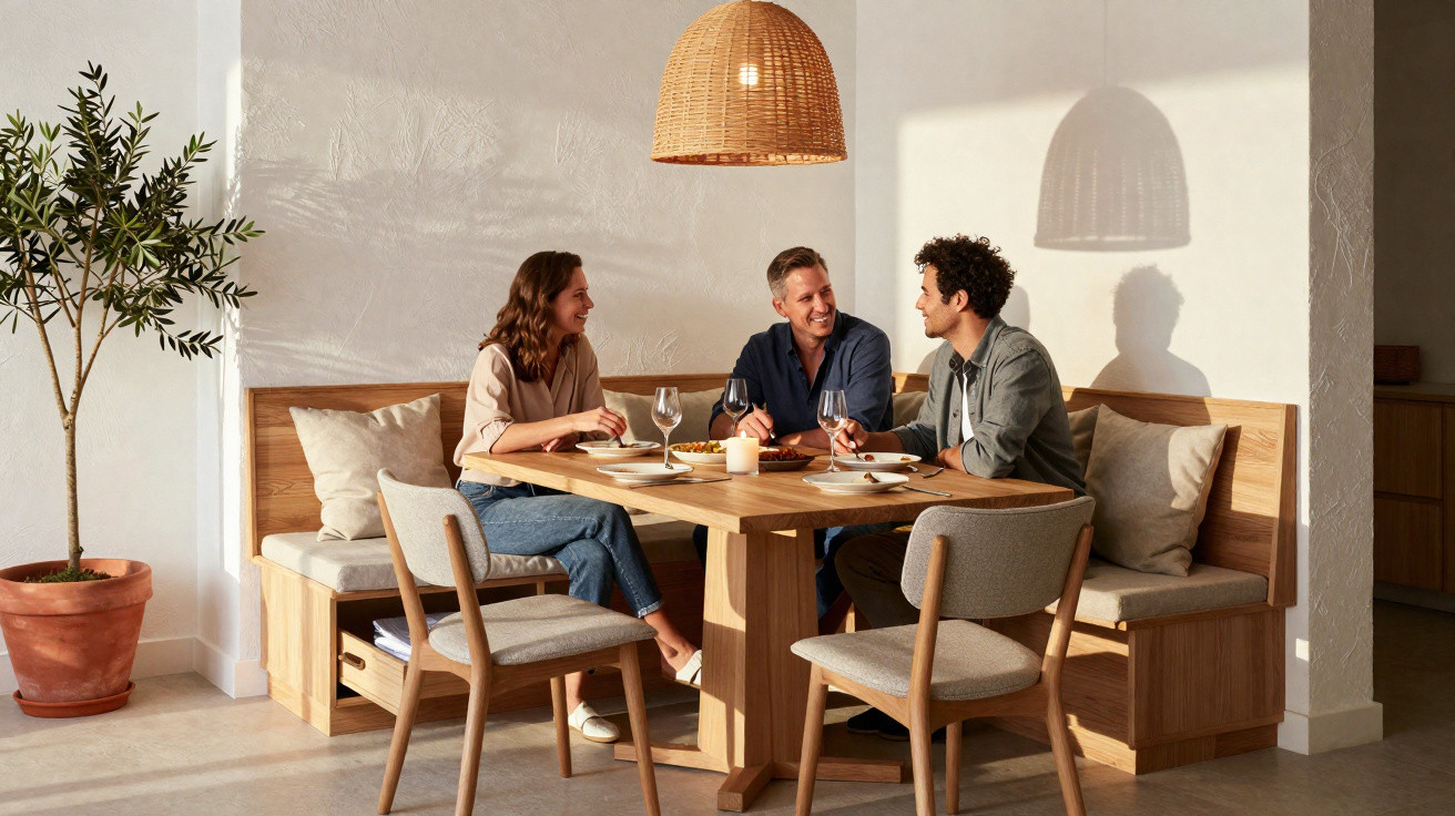 Três pessoas sentadas à mesa de madeira a jantar, com copos de vinho e decoração moderna numa sala iluminada.