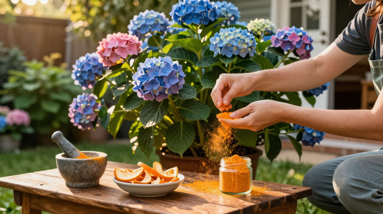 Mãos a esfarelar especiaria laranja sobre frascos ao lado de planta de hortênsia azul num jardim.