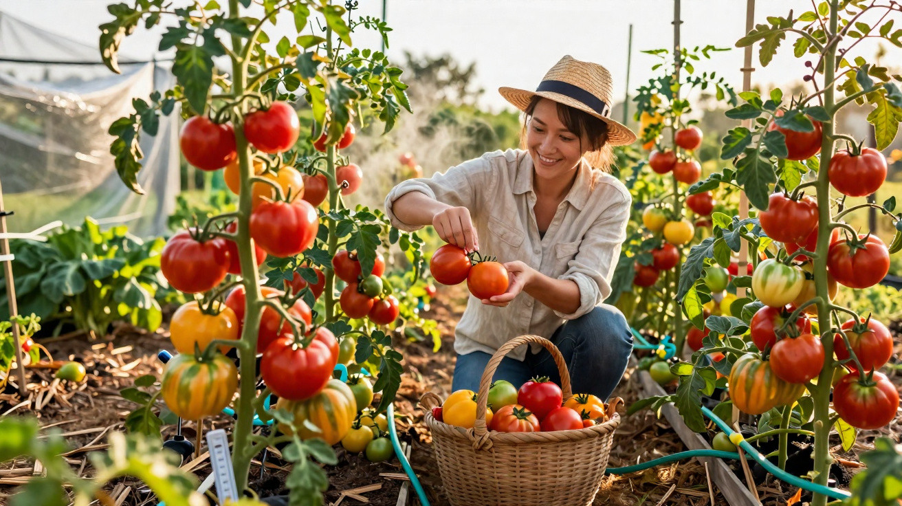Mulher a colher tomates maduros em estufa, com cesto cheio à sua frente no solo de terra.
