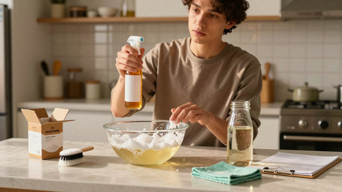 Jovem prepara solução de limpeza em tigela na cozinha, com produtos e instruções sobre a bancada.
