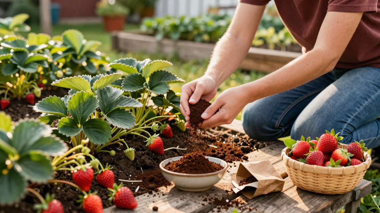 Pessoa a cuidar de plantações de morangos, colocando fertilizante no solo, com cesta de morangos ao lado.