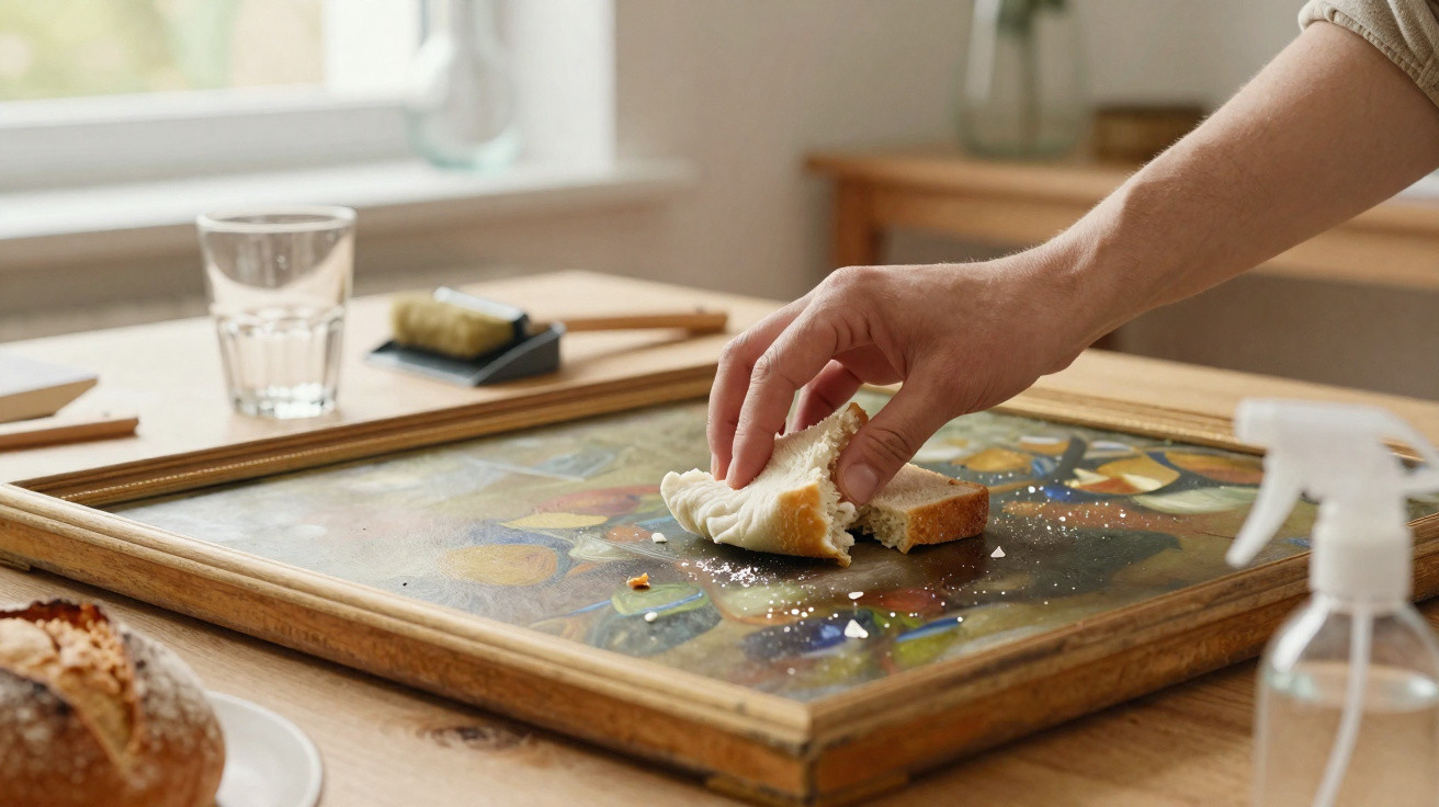 Pessoa a limpar migalhas de pão de um quadro com a mão numa mesa de madeira.
