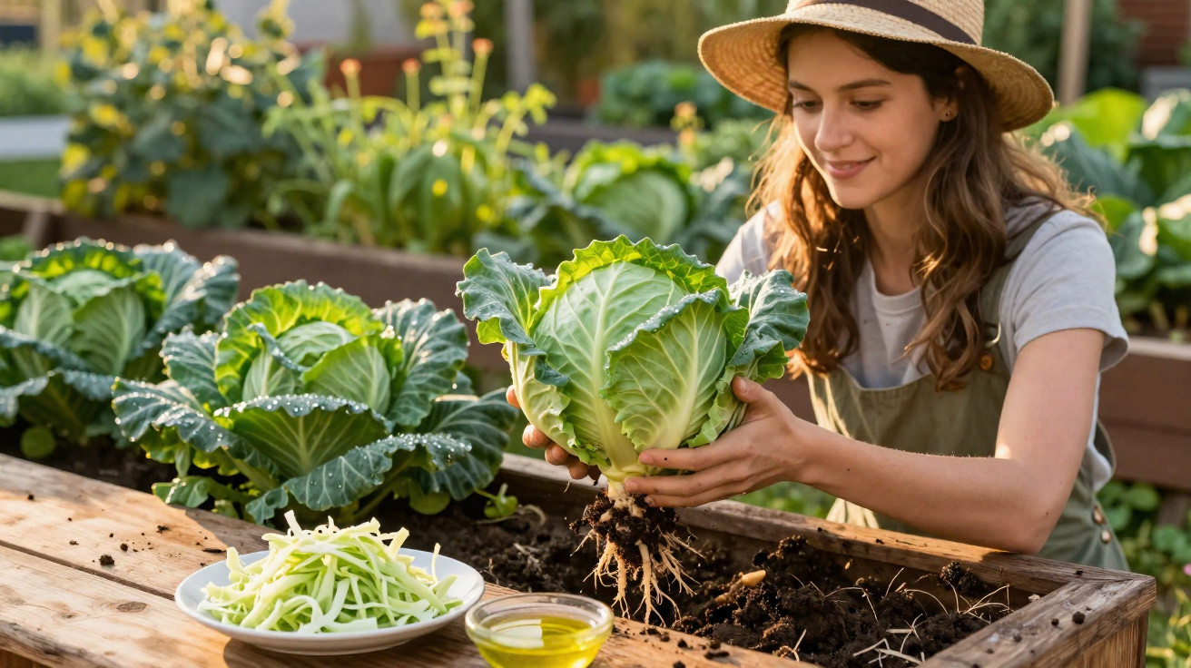 Mulher com chapéu colhe uma cabeça de couve num jardim com legumes e azeite num prato à sua frente.