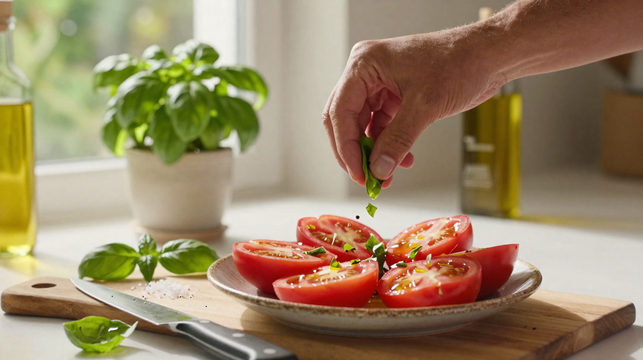 Mão a polvilhar folhas de manjericão sobre tomates cortados ao meio num prato, com faca e plantas ao fundo.