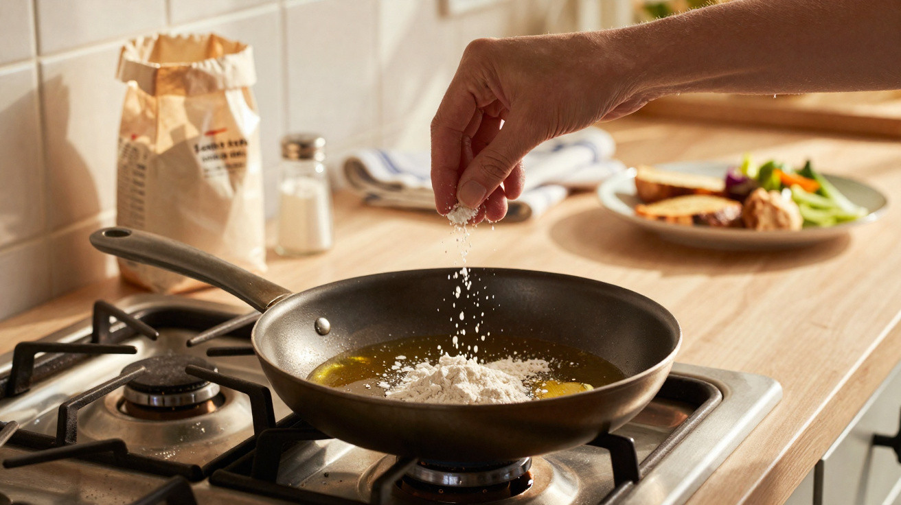 Mão a polvilhar farinha numa frigideira com óleo num fogão de cozinha moderna.