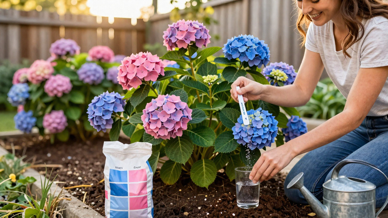 Mulher a medir pH da água para cuidar de hortênsias rosas e azuis num jardim doméstico.