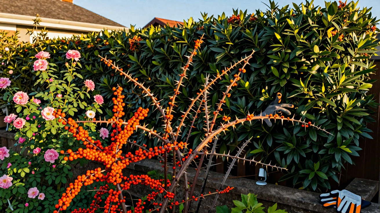 Jardim com arbustos verdes, flores rosas e ramos com frutos laranja brilhantes ao sol.