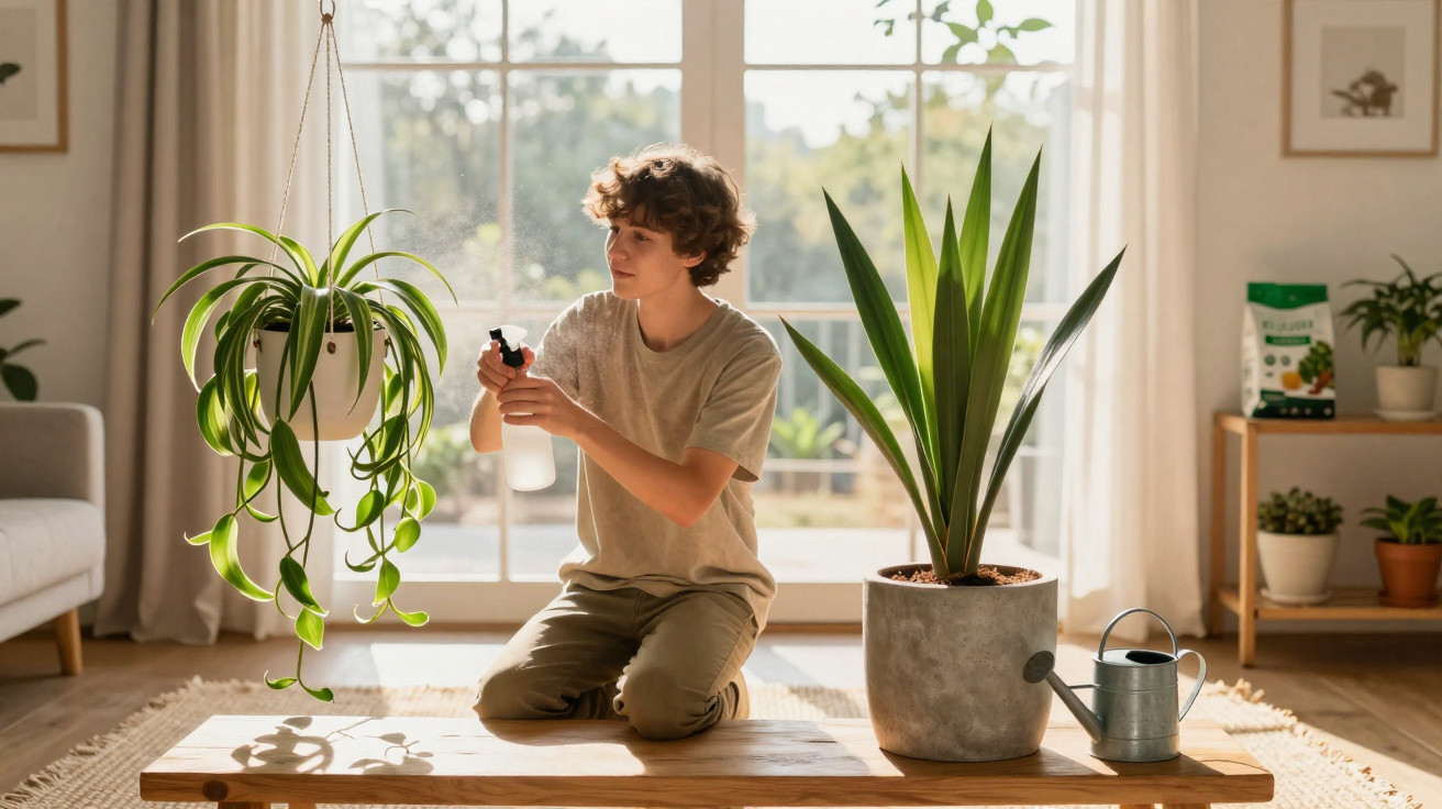 Rapaz regando planta pendurada em sala luminosa com várias plantas e regador.
