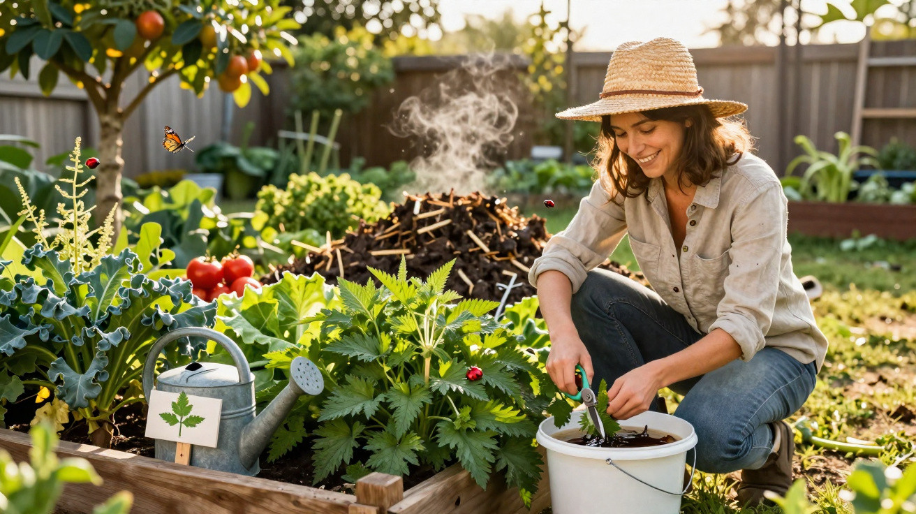 Mulher sorridente a cuidar das plantas numa horta, com regador e chapéu de palha ao ar livre.