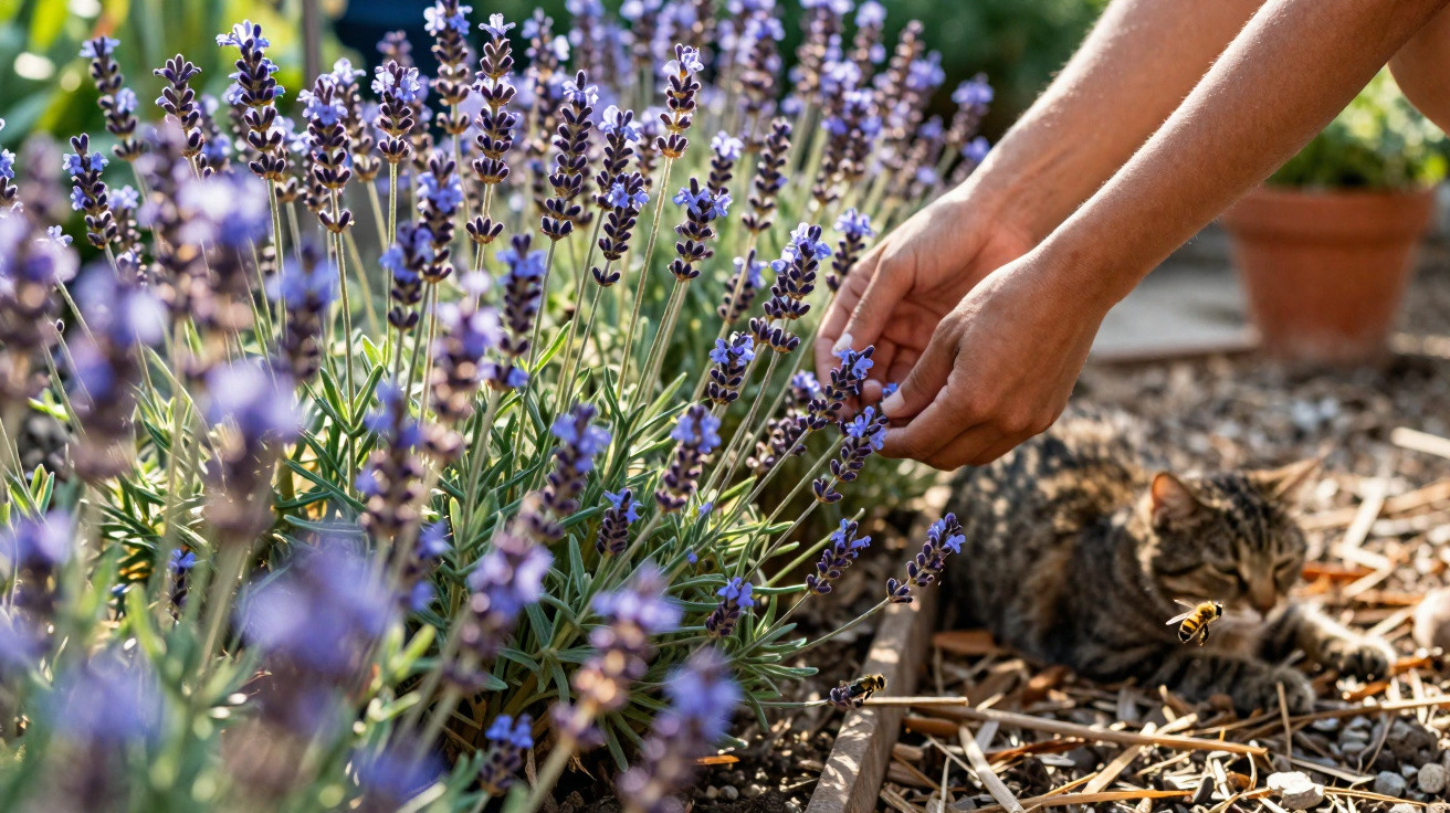 Mãos a colher flores de lavanda num jardim com um gato e abelhas ao fundo.