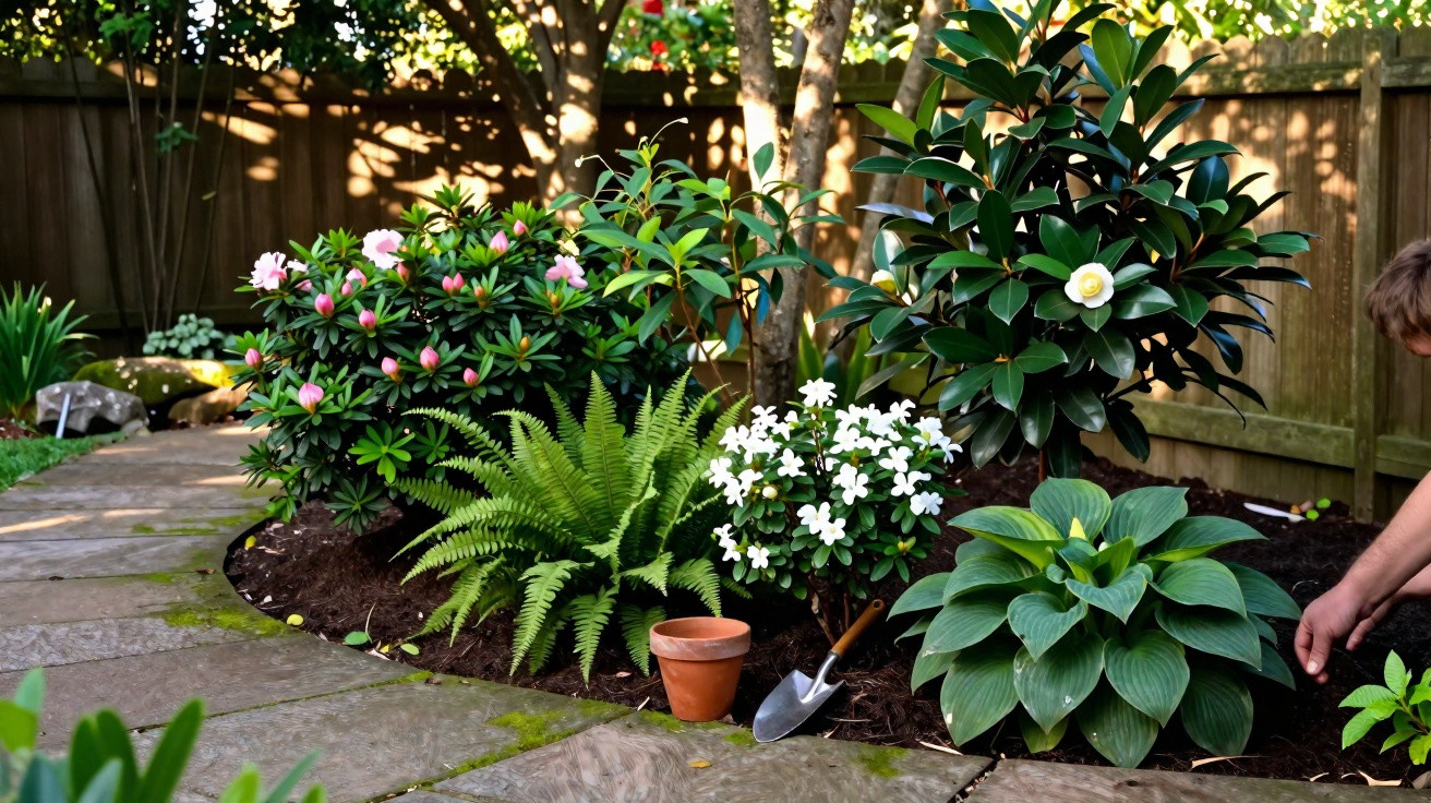 Jardim com várias plantas floridas e folhagens verdes, e pessoa a cuidar das plantas junto a um muro de madeira.