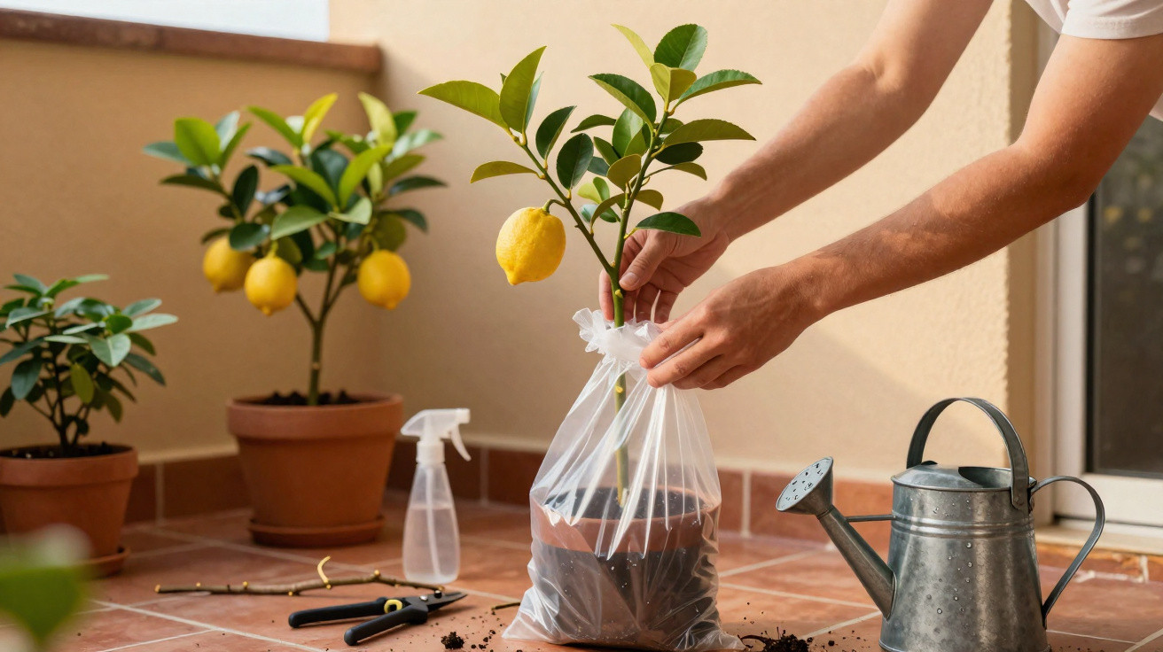 Mãos a transplantar um limoeiro jovem numa varanda com regador e plantações ao fundo.