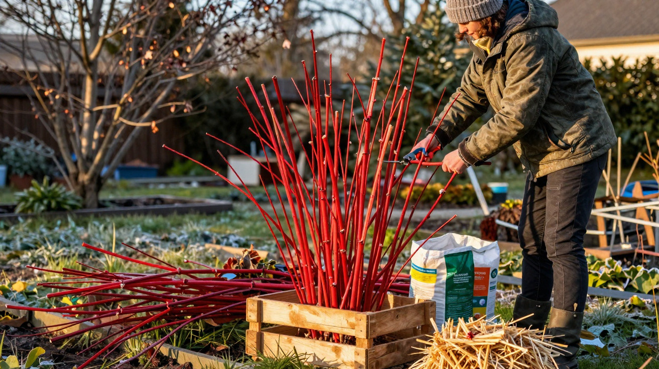 Pessoa a podar varas vermelhas num jardim com várias plantas e caixas de madeira ao entardecer.