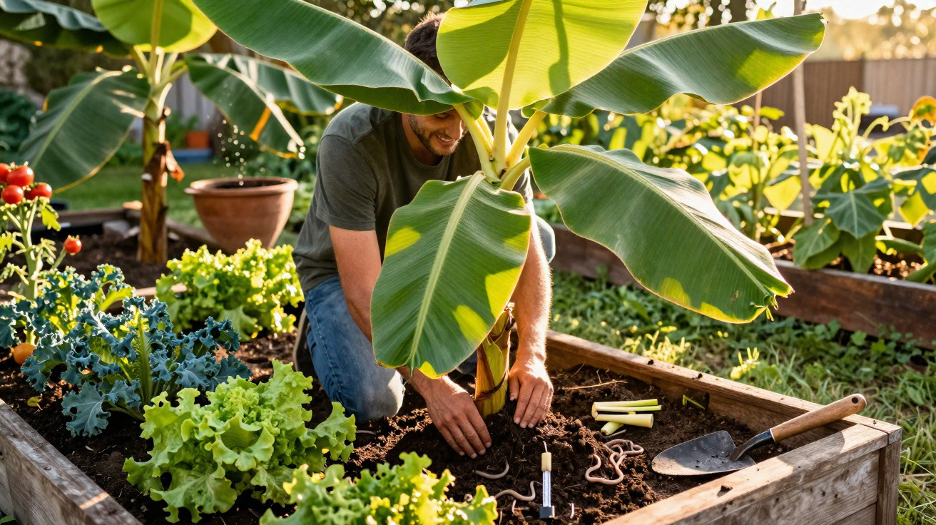 Homem a cuidar de planta de bananeira numa horta elevada com várias hortaliças ao redor.