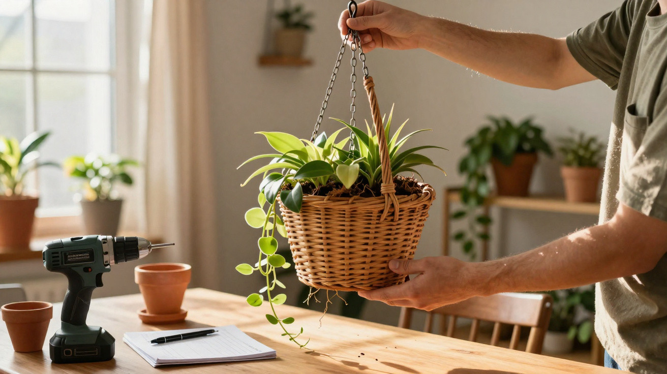 Pessoa a segurar vaso pendurado em cesta de vime com planta verde, sobre mesa com terraços e ferramentas de jardinagem.