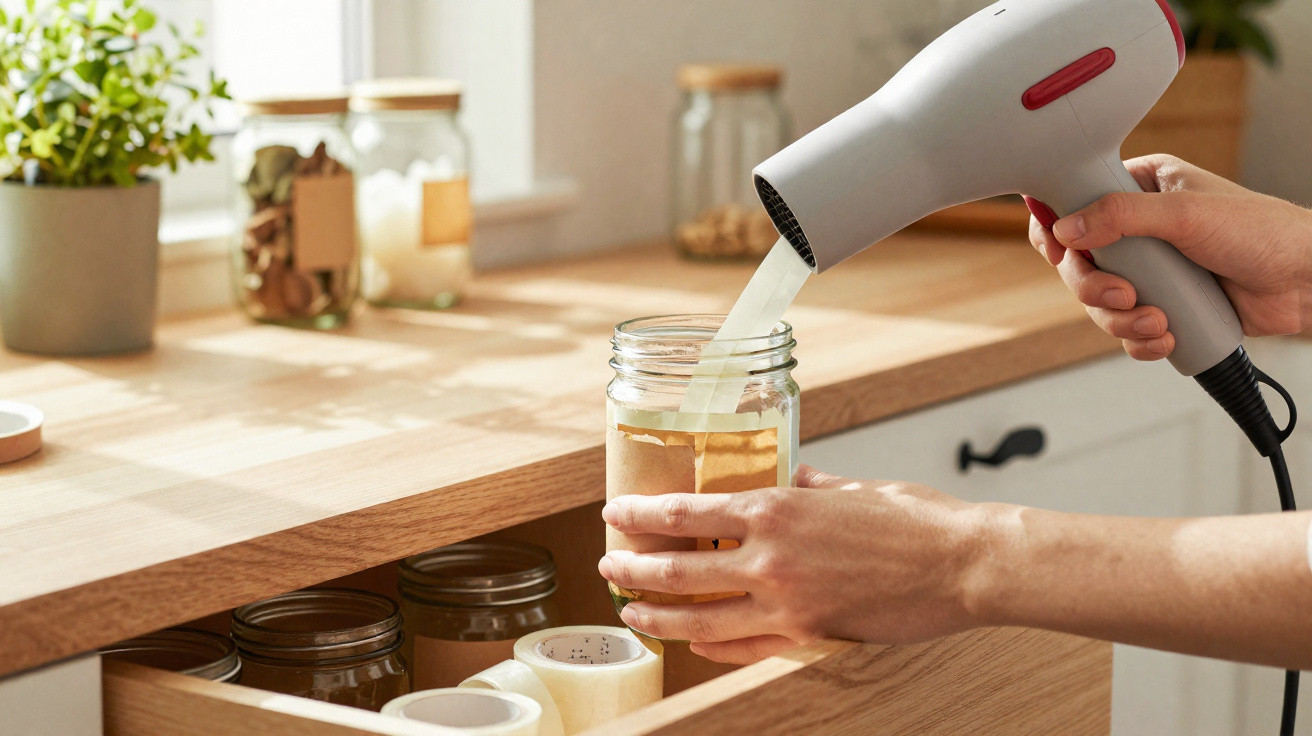 Pessoa a usar secador para aquecer e derreter cera dentro de frasco de vidro numa cozinha.